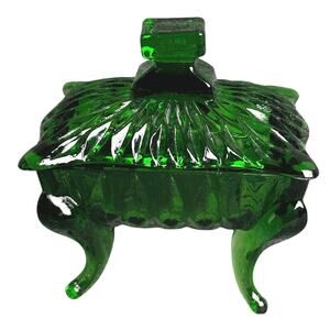 Vintage emerald green glass candy dish trinket box lidded footed midcentury 5”